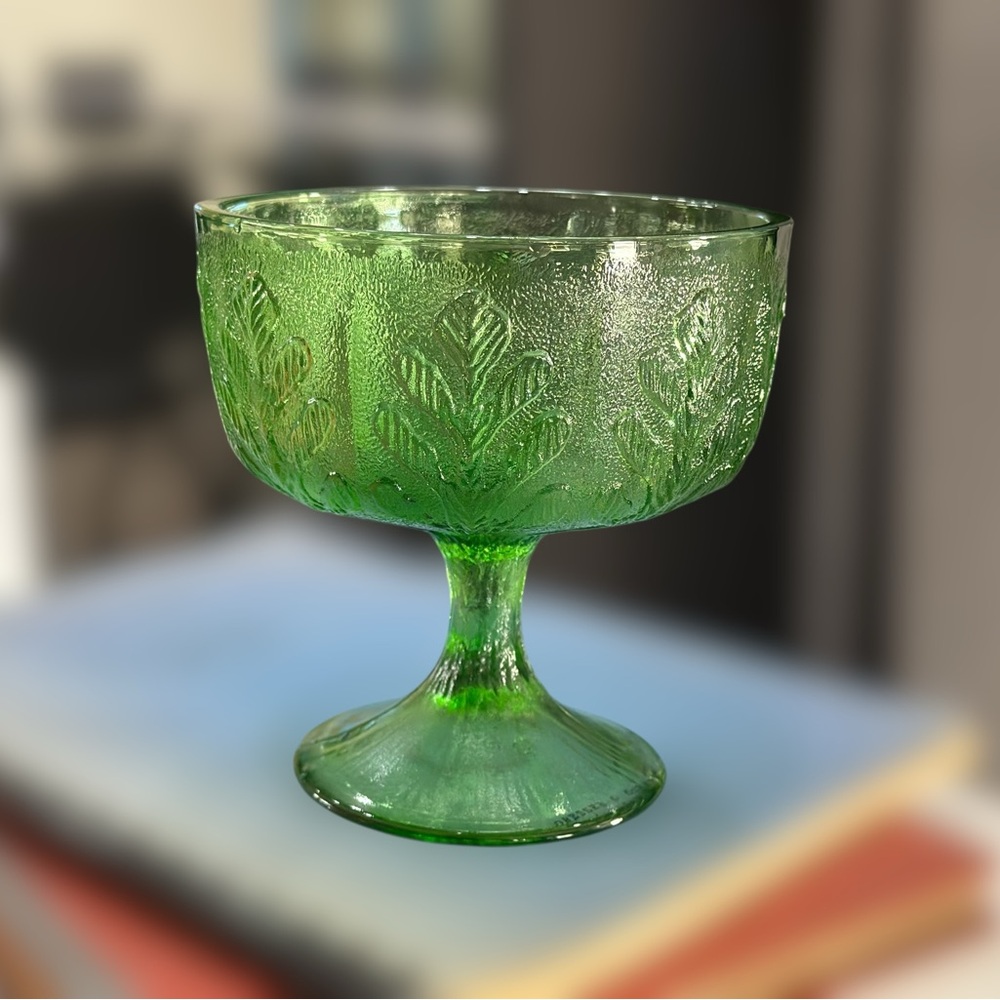 Vintage FTD 1978 Green Glass Footed Pedestal Bowl Oak Leaf Pattern